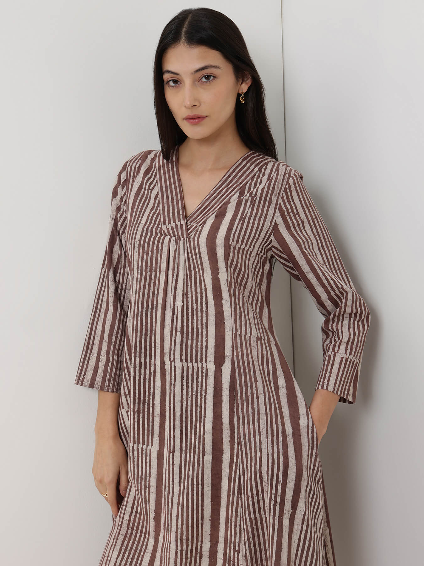 Cotton Dabu Striped A-Line Kurta Set - Brown