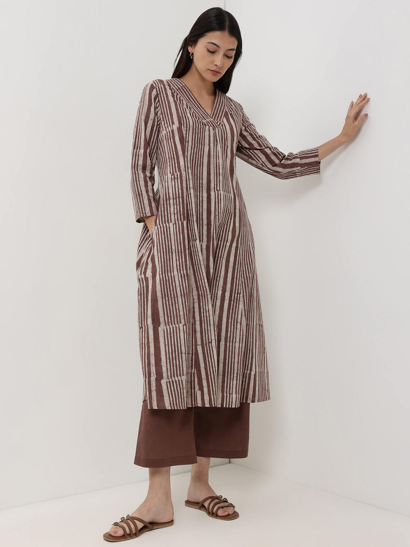 Cotton Dabu Striped A-Line Kurta Set - Brown