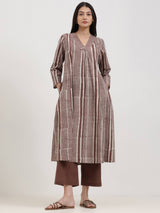 Cotton Dabu Striped A-Line Kurta Set - Brown