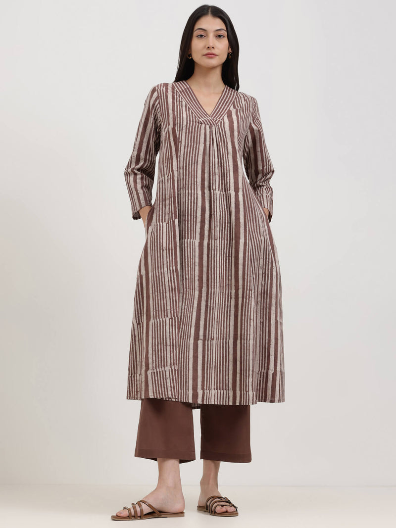 Cotton Dabu Striped A-Line Kurta Set - Brown