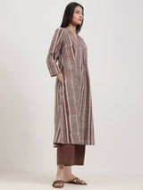 Cotton Dabu Striped A-Line Kurta Set - Brown