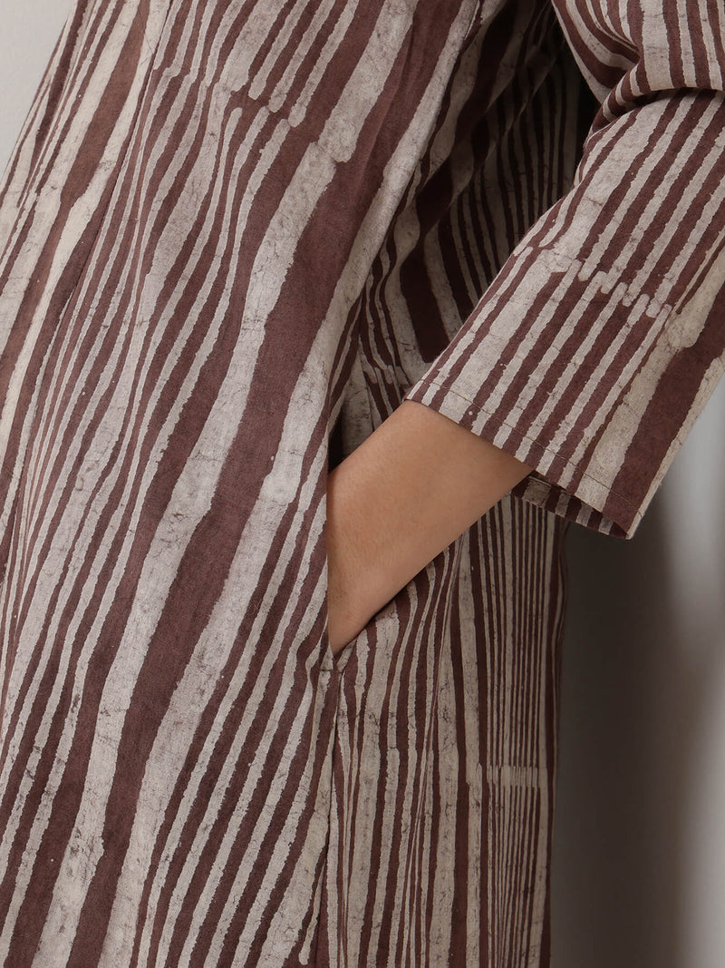 Cotton Dabu Striped A-Line Kurta Set - Brown