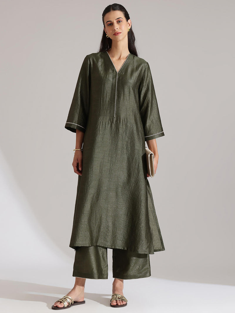 Silk Blend Solid A-Line Kurta Set -  Olive