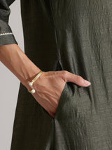 Silk Blend Solid A-Line Kurta Set -  Olive