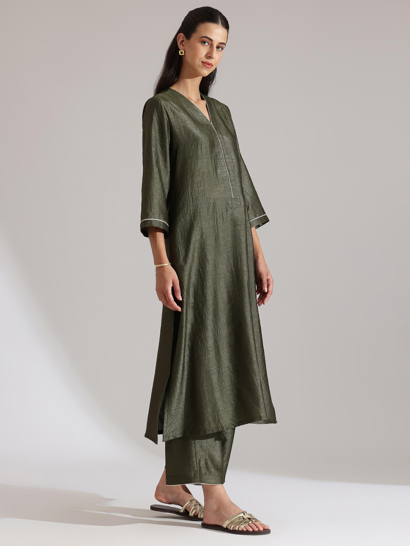 Silk Blend Solid A-Line Kurta Set - Olive