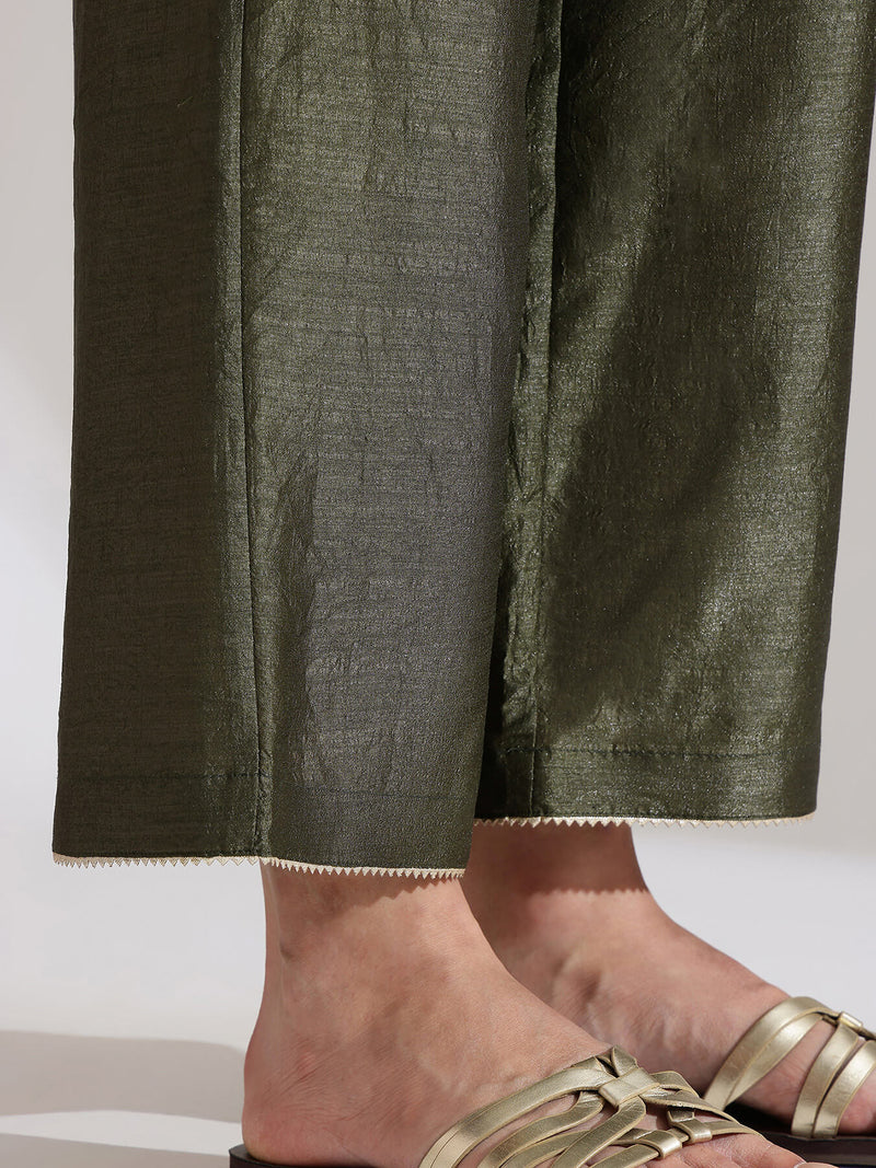 Silk Blend Solid A-Line Kurta Set -  Olive