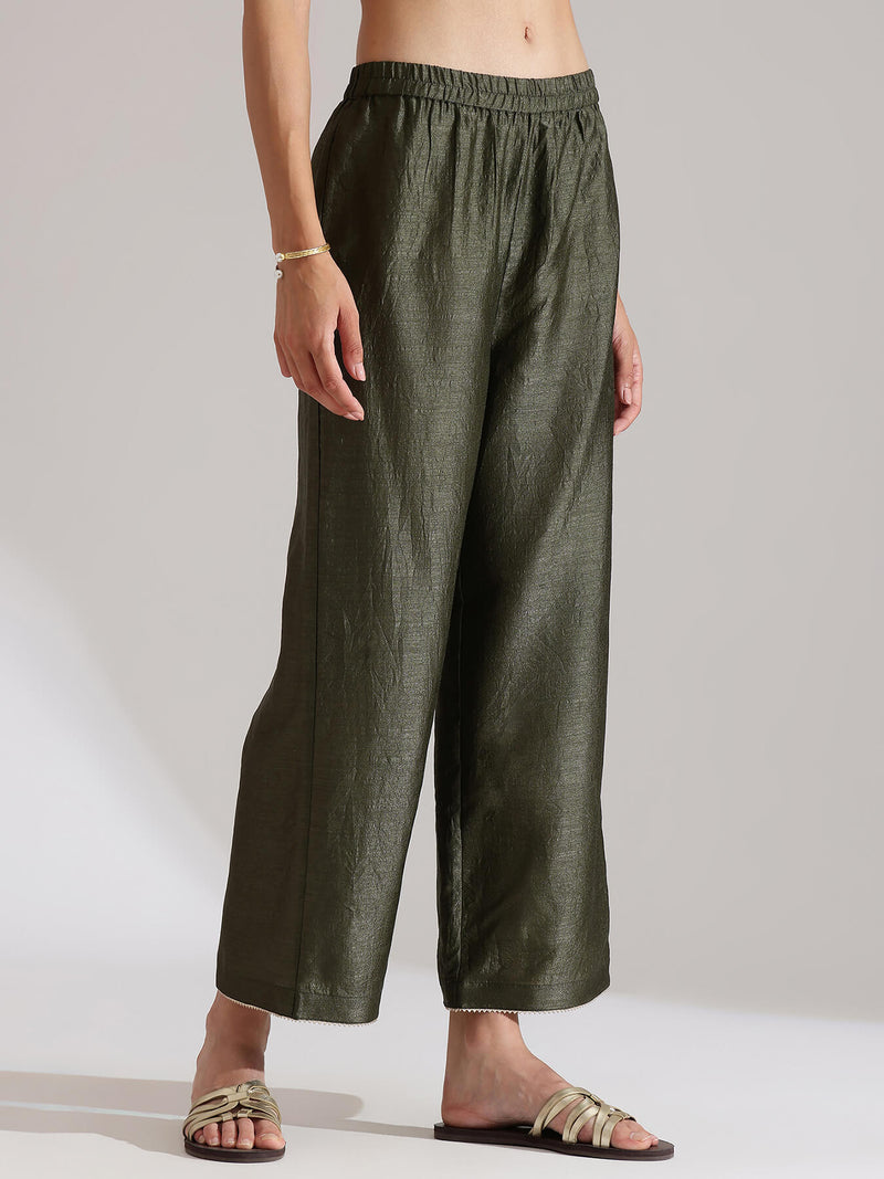 Silk Blend Solid A-Line Kurta Set -  Olive