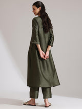 Silk Blend Solid A-Line Kurta Set -  Olive