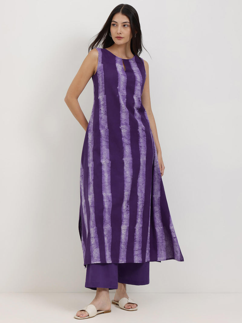 Cotton Dabu Striped Asymmetric Kurta Set - Purple