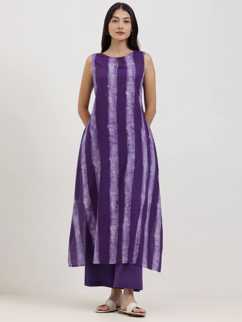 Cotton Dabu Striped Asymmetric Kurta Set - Purple