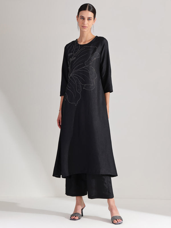 Silk Blend Floral Embellished Kurta Set - Black