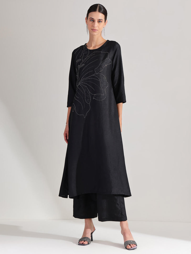 Silk Blend Floral Embellished Kurta Set - Black
