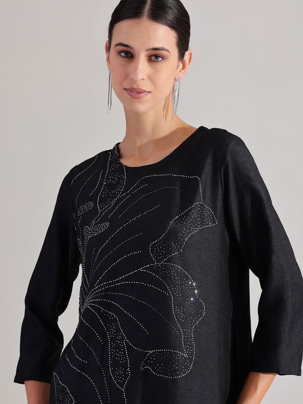 Silk Blend Floral Embellished Kurta Set - Black