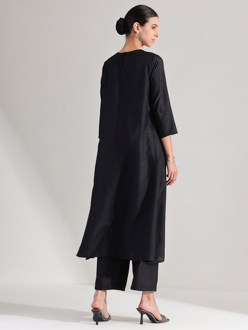 Silk Blend Floral Embellished Kurta Set - Black
