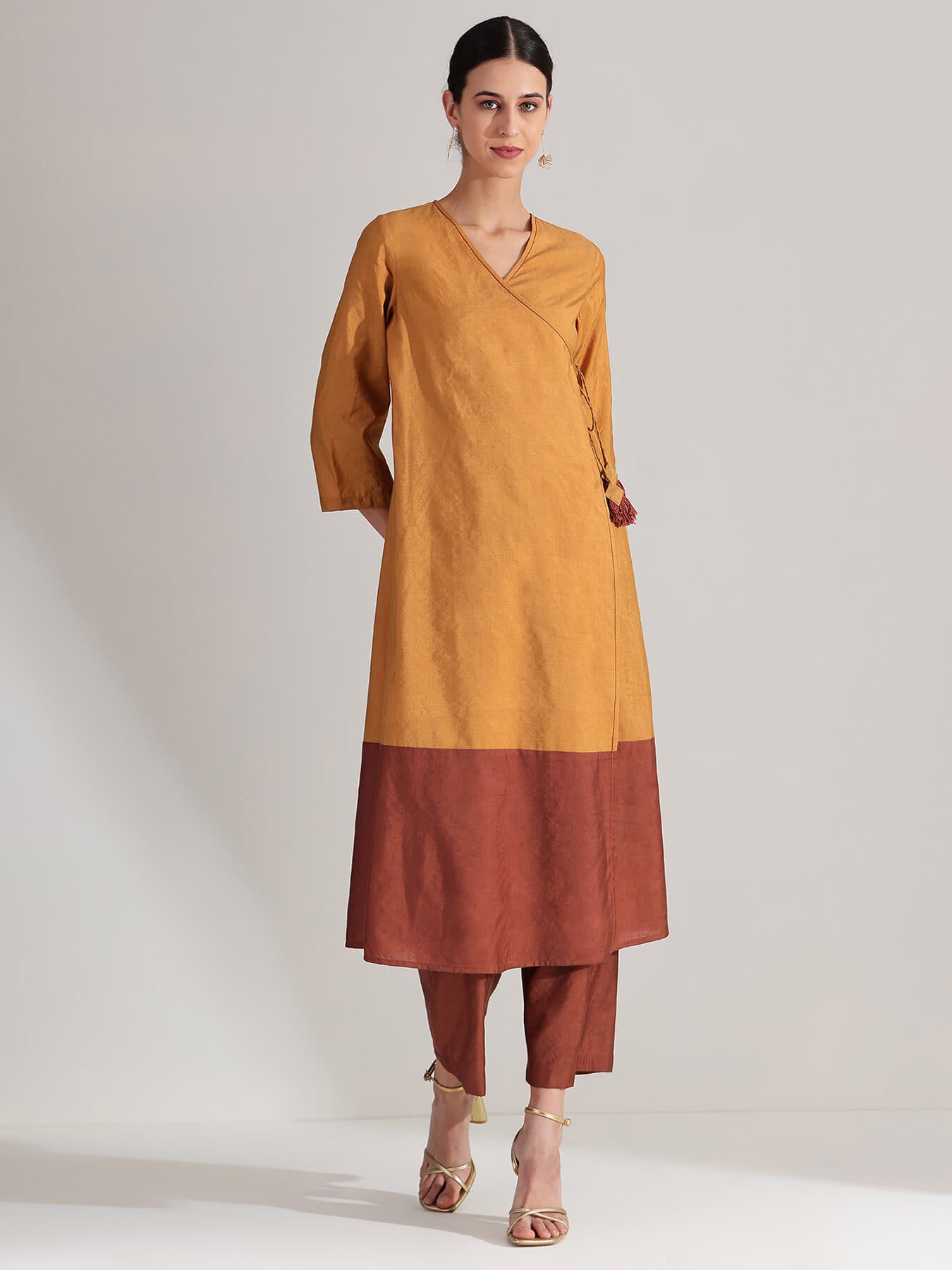 Silk Colourblock Wrap Kurta Set - Mustard & Brown