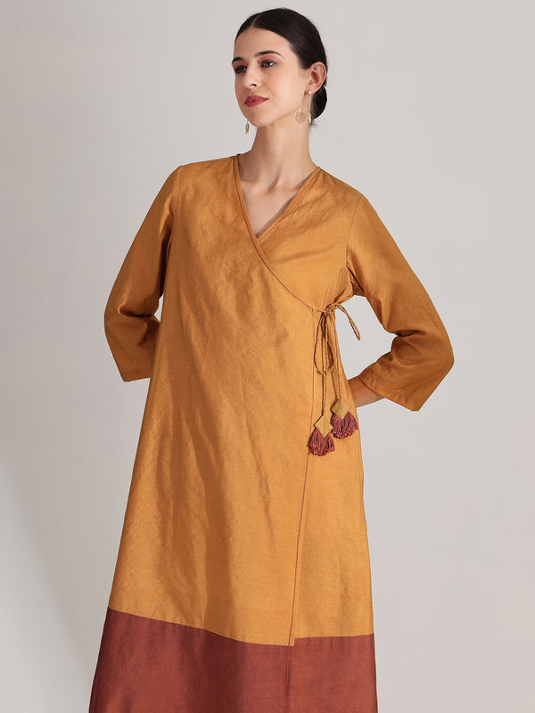 Silk Colourblock Wrap Kurta Set - Mustard & Brown