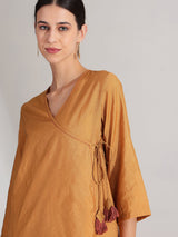 Silk Colourblock Wrap Kurta Set - Mustard & Brown