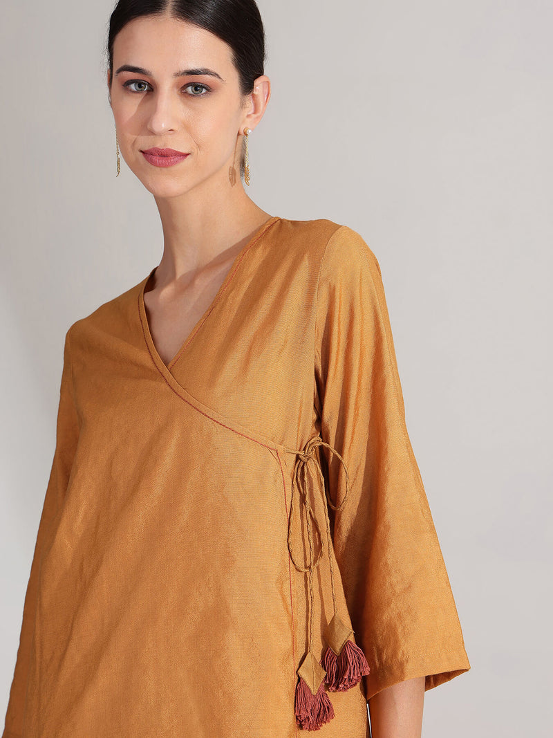Silk Colourblock Wrap Kurta Set - Mustard & Brown