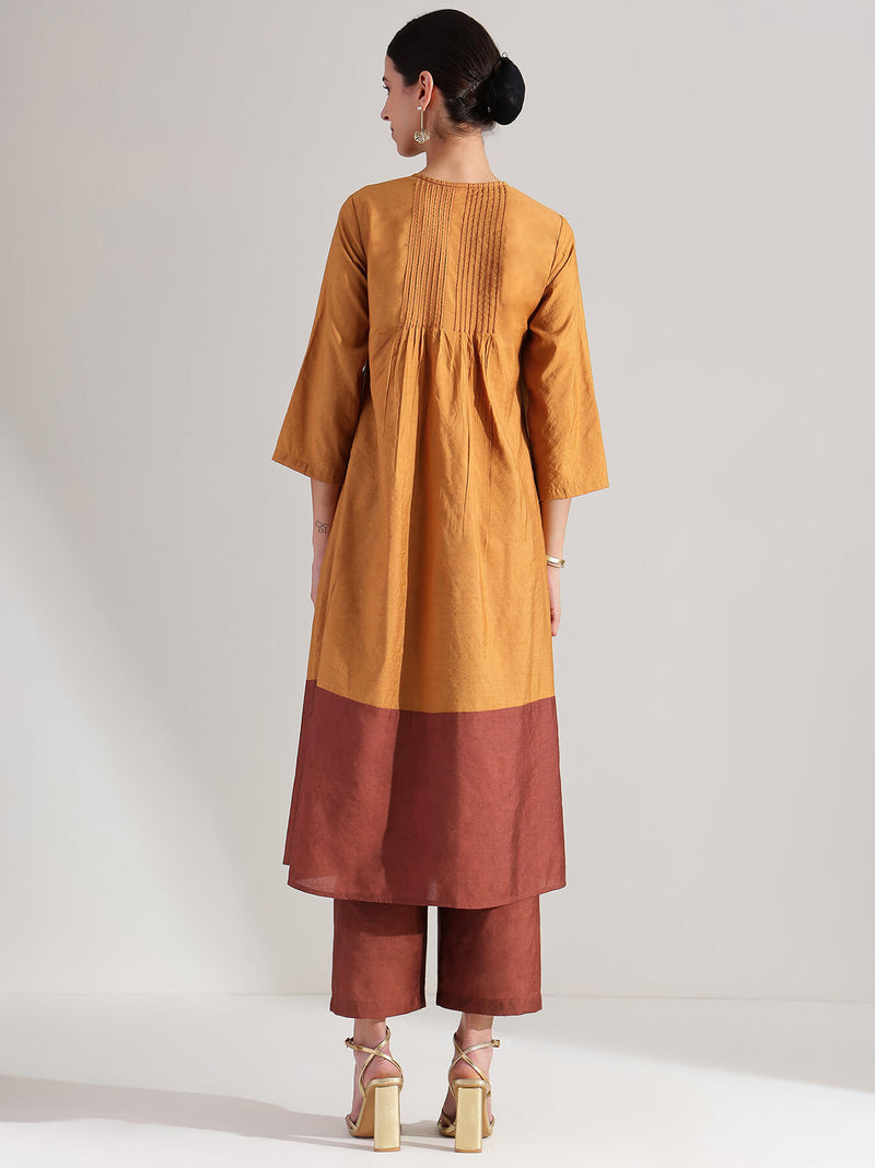 Silk Colourblock Wrap Kurta Set - Mustard & Brown