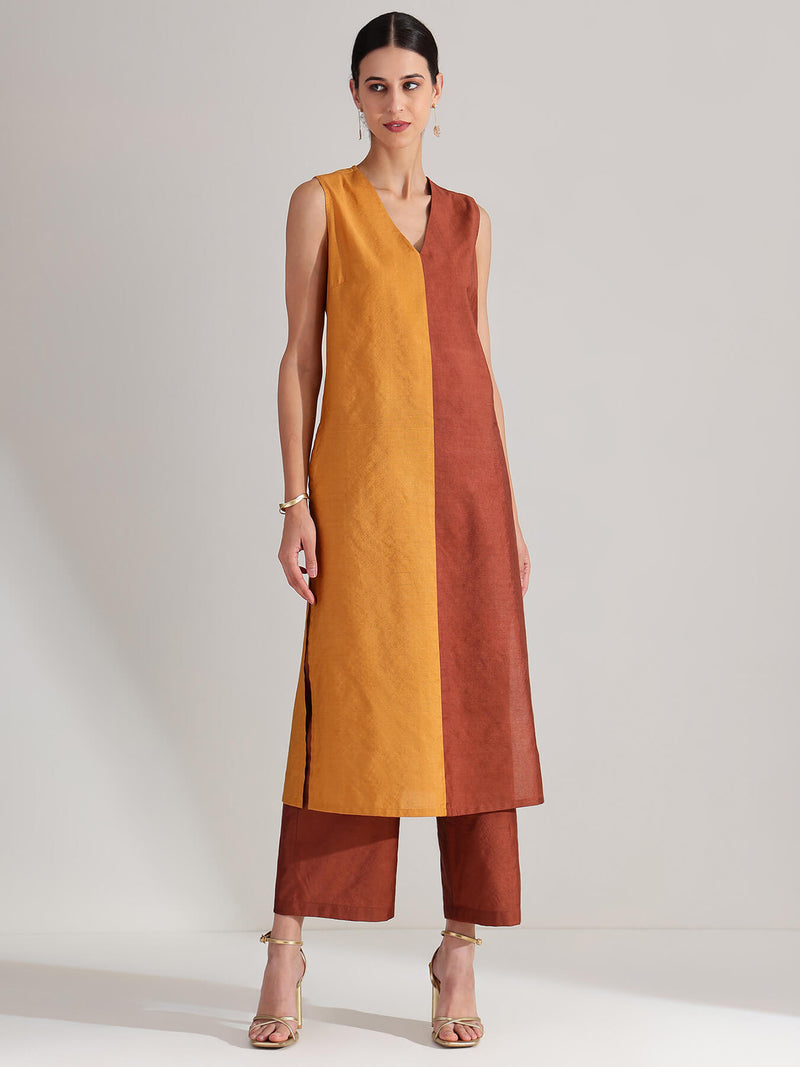 Viscose Silk Colourblock Kurta Set -  Mustard & Brown