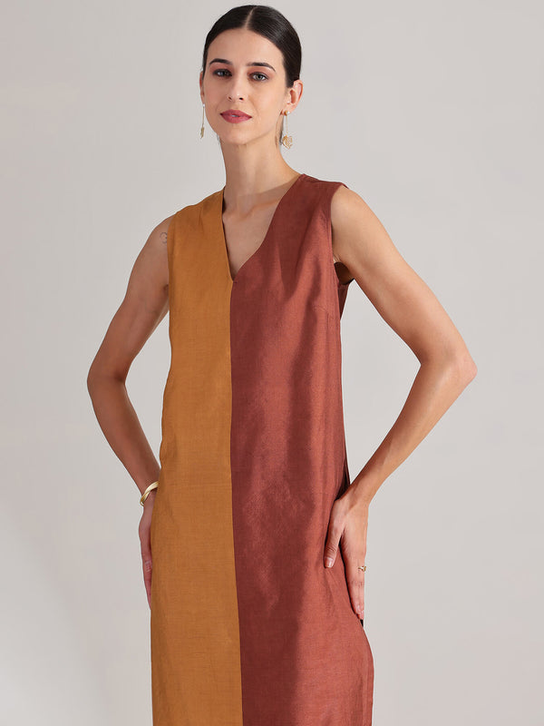 Viscose Silk Colourblock Kurta Set -  Mustard & Brown
