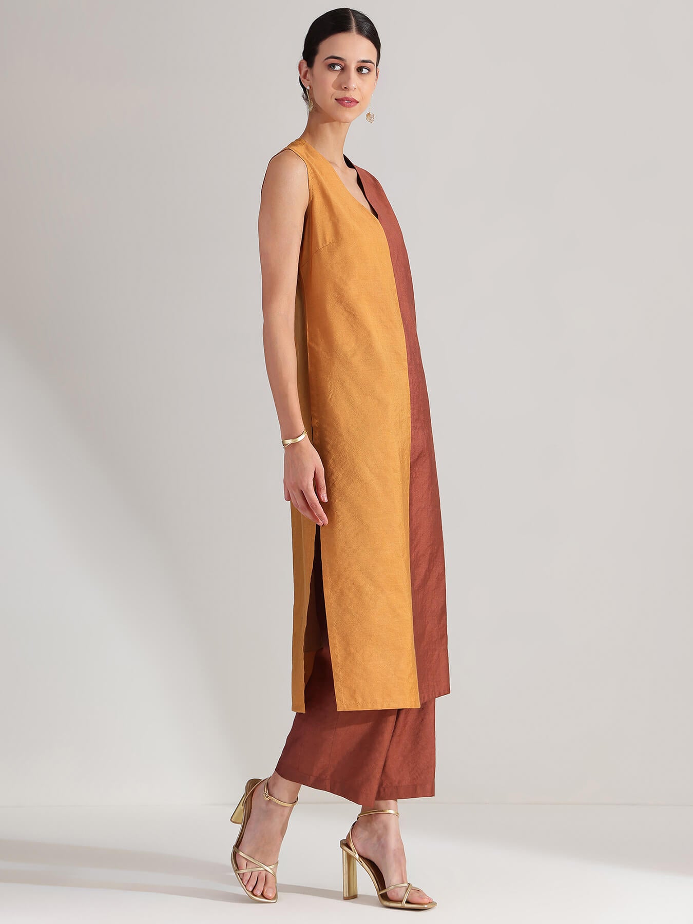 Viscose Silk Colourblock Kurta Set - Mustard & Brown