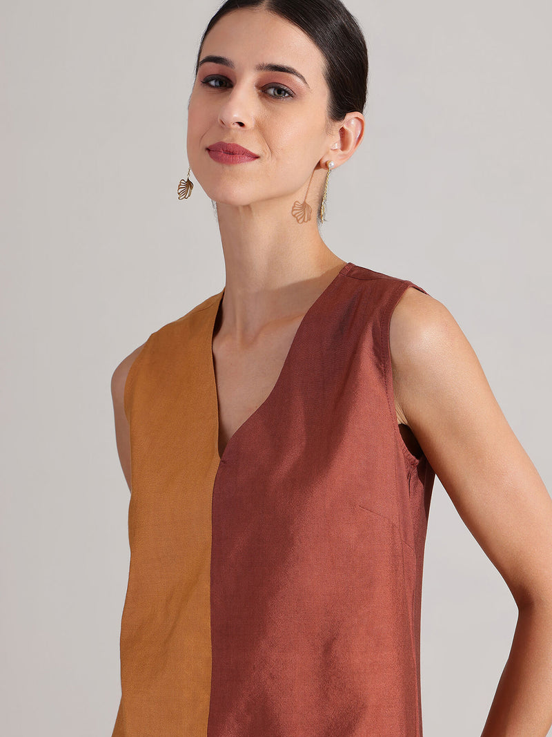 Viscose Silk Colourblock Kurta Set -  Mustard & Brown