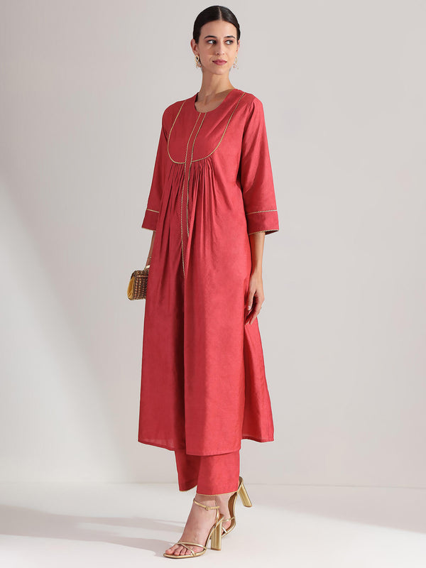 Silk Solid A-Line Kurta Set - Red