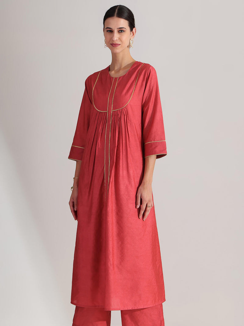 Silk Solid A-Line Kurta Set - Red