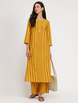 Cotton Striped Straight Kurta Set - Yellow