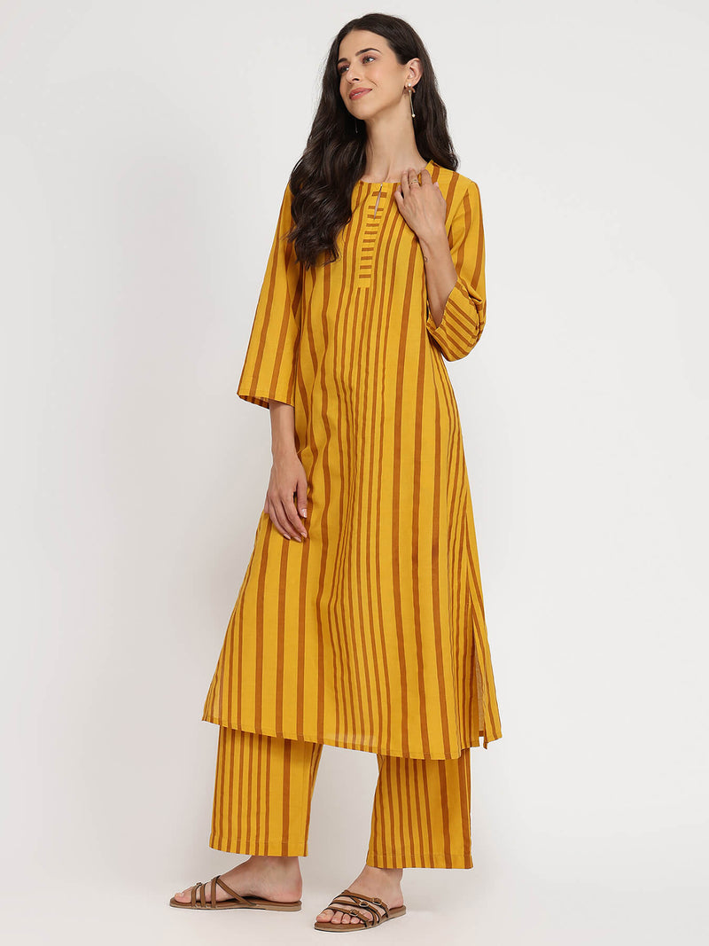 Cotton Striped Straight Kurta Set - Yellow