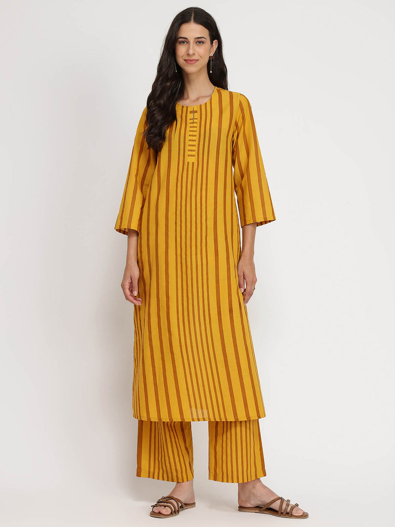Cotton Striped Straight Kurta Set - Yellow