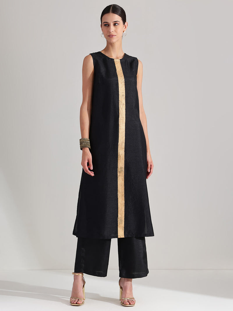 Silk Blend Solid Sleeveless Kurta Set - Black