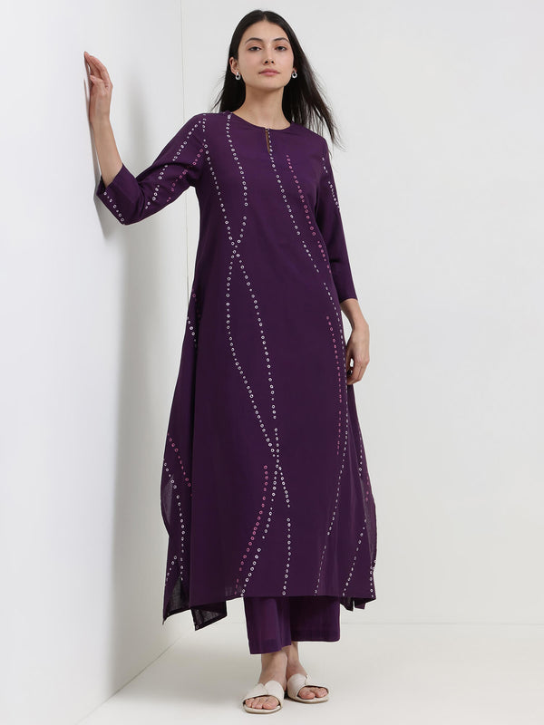 Cotton Bandhani Asymmetric Kurta Set - Purple