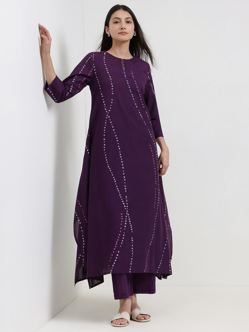 Cotton Bandhani Asymmetric Kurta Set - Purple