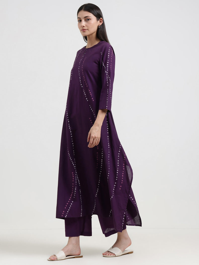Cotton Bandhani Asymmetric Kurta Set - Purple
