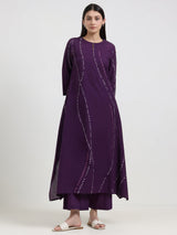 Cotton Bandhani Asymmetric Kurta Set - Purple