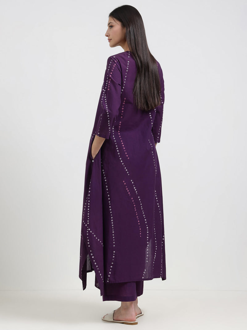 Cotton Bandhani Asymmetric Kurta Set - Purple