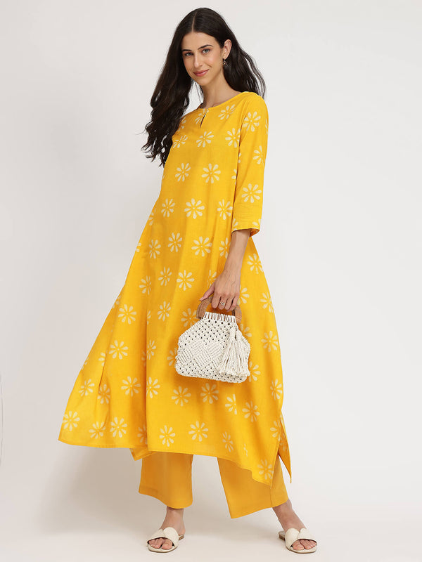 Cotton Dabu Floral Kurta Set - Yellow