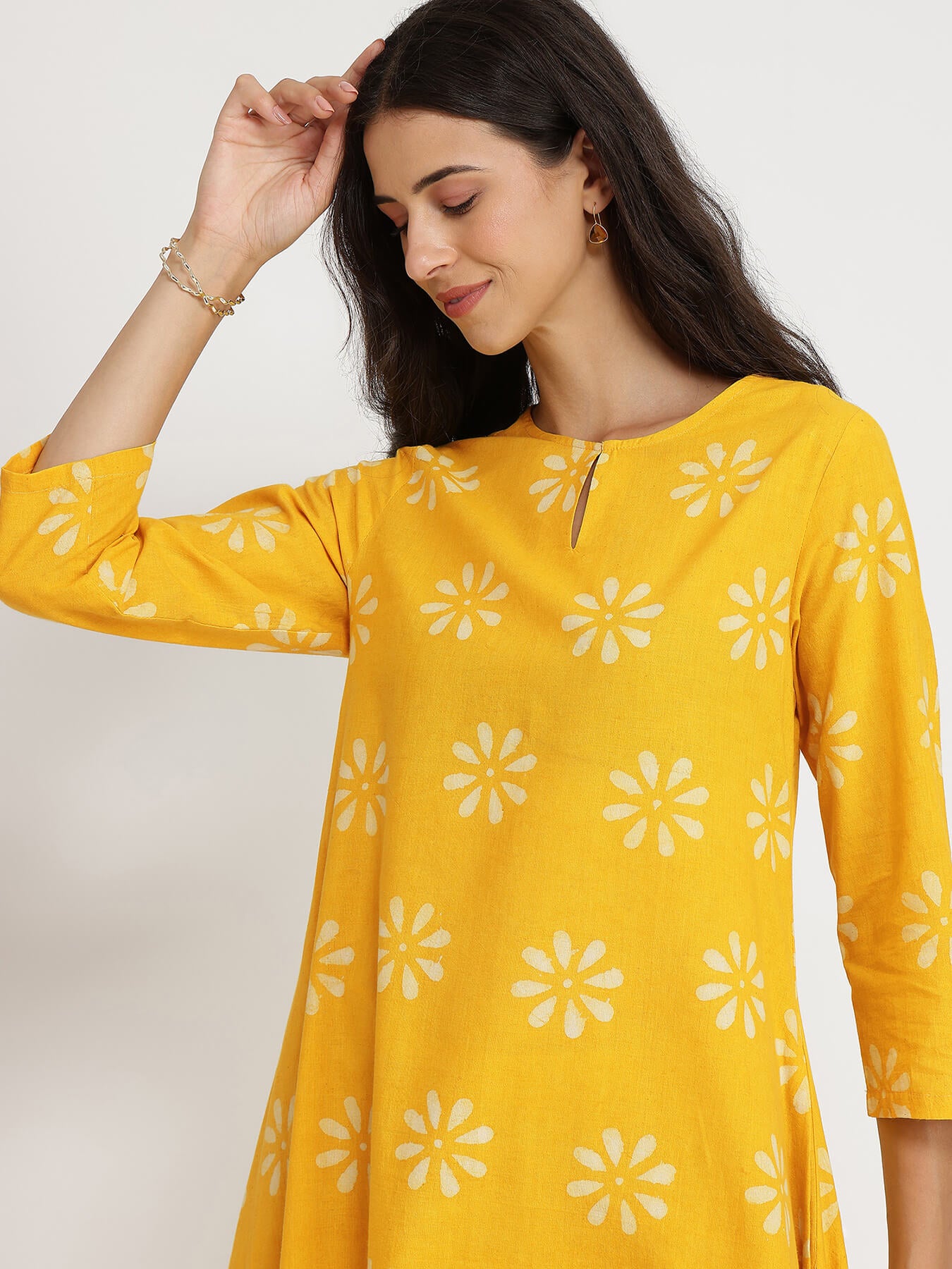 Cotton Dabu Floral Kurta Set - Yellow