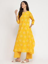 Cotton Dabu Floral Kurta Set - Yellow