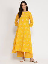 Cotton Dabu Floral Kurta Set - Yellow