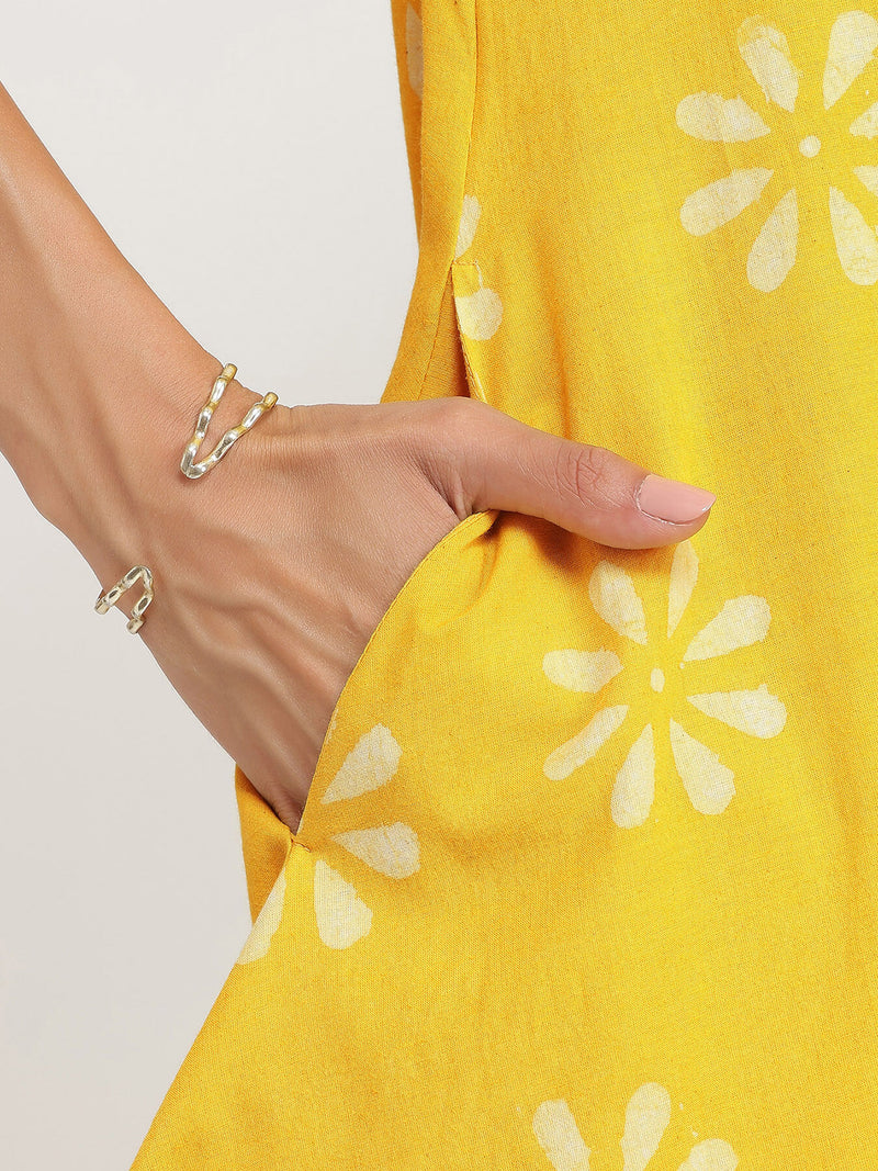 Cotton Dabu Floral Kurta Set - Yellow