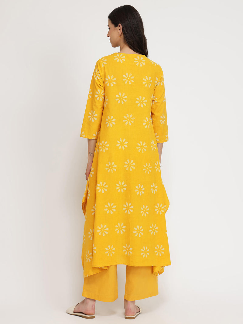 Cotton Dabu Floral Kurta Set - Yellow