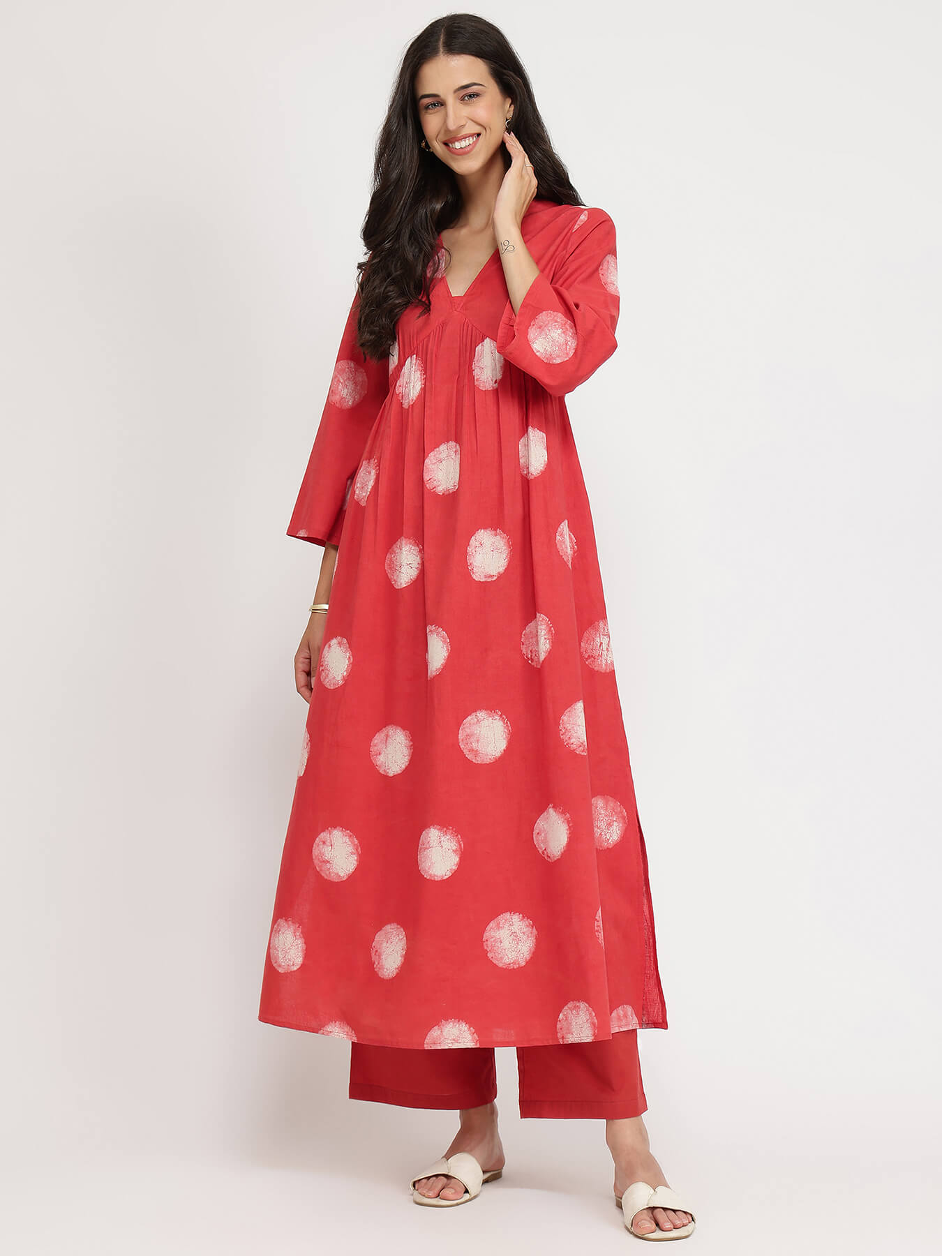 Cotton Dabu Polka Kurta Set - Red