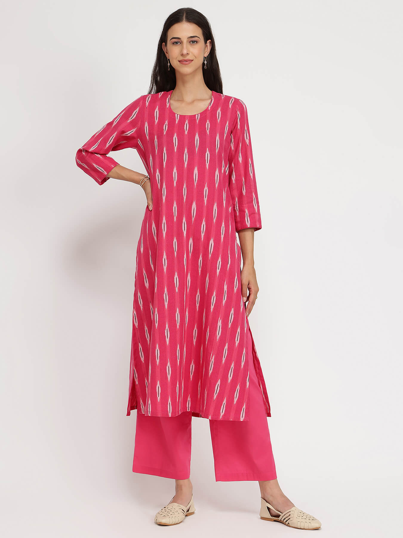 Cotton Ikat A-line Kurta Set - Pink