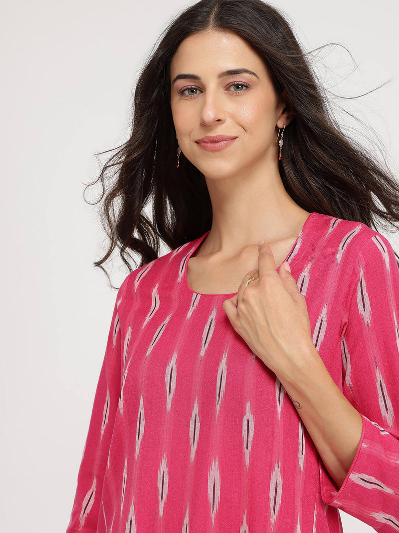 Cotton Ikat A-line Kurta Set - Pink