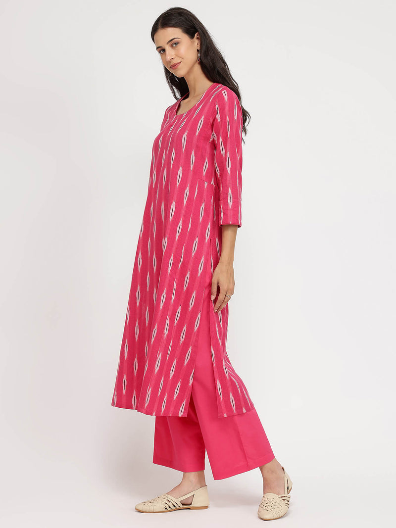 Cotton Ikat A-line Kurta Set - Pink