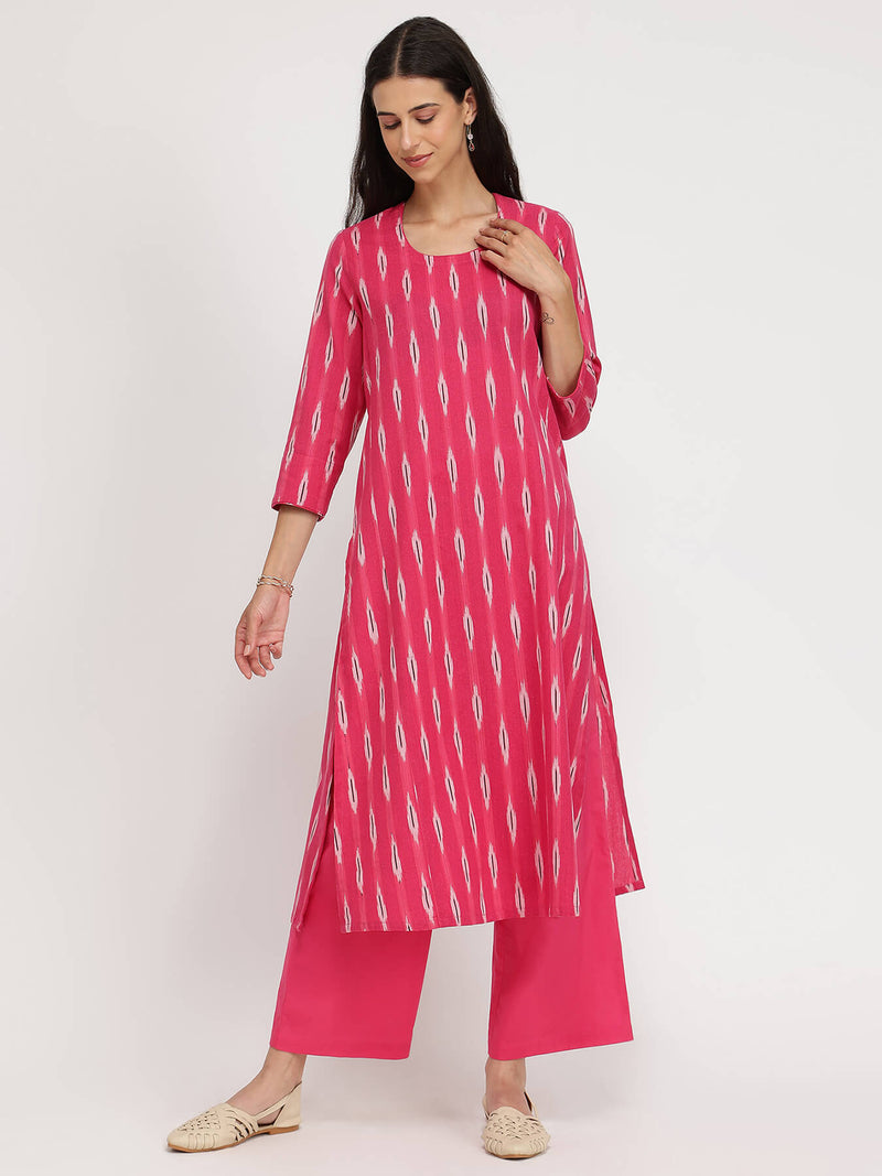 Cotton Ikat A-line Kurta Set - Pink