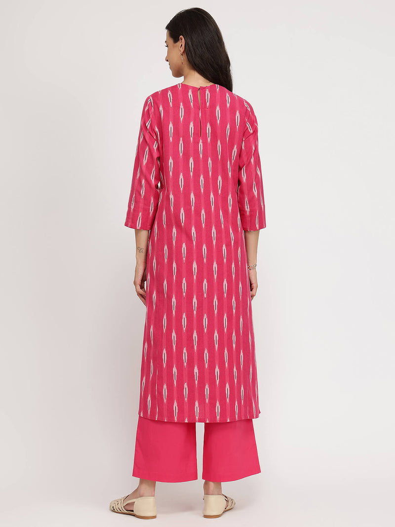 Cotton Ikat A-line Kurta Set - Pink